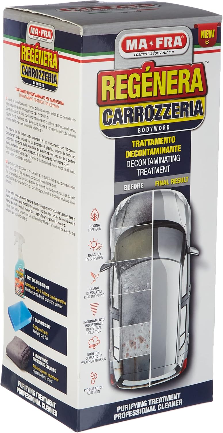 Mafra, Car Refinish Kit, Traitement décontaminant pour la carrosserie et le verre, les insectes et les résidus ferreux de toutes les surfaces extérieures, contient Fast Cleaner et Clay Bar Soft