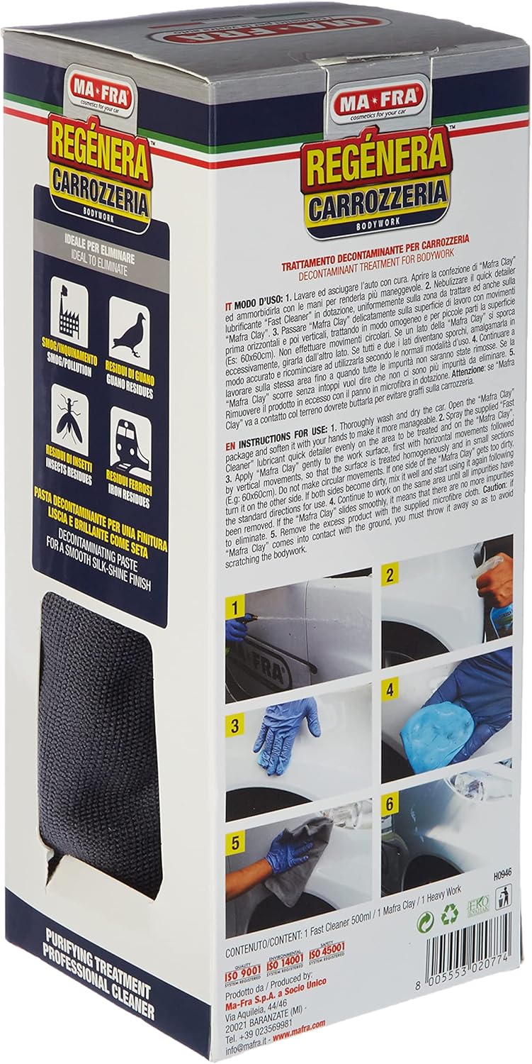 Mafra, Car Refinish Kit, Traitement décontaminant pour la carrosserie et le verre, les insectes et les résidus ferreux de toutes les surfaces extérieures, contient Fast Cleaner et Clay Bar Soft