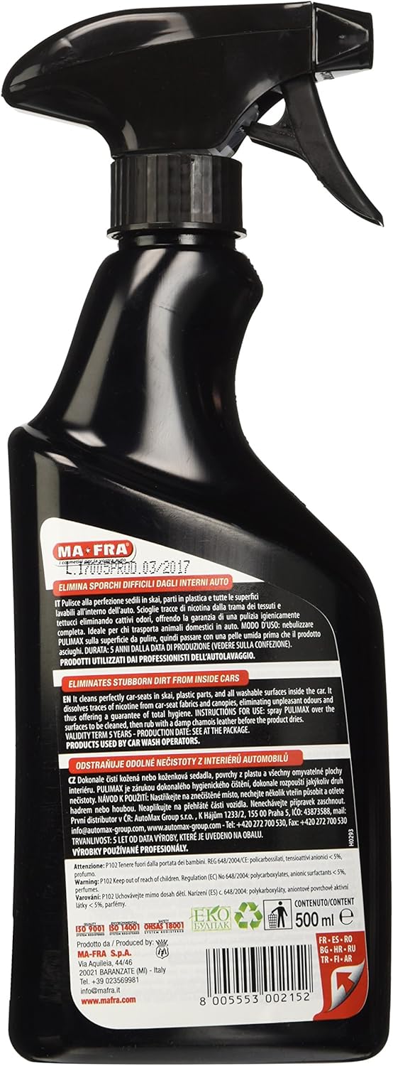Mafra, Pulimax, Détergent Multi Usage pour les Plastiques et les Tissus de la Voiture, Renouvelle les Couleurs et Dissout la Saleté, Neutralise les Odeur et Libère un Parfum Frais, Format 500ml