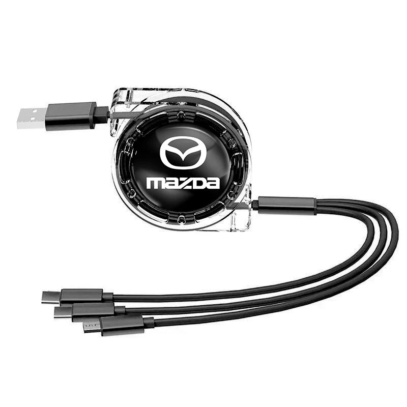 Câble charge rapide 3-en-1 rétractable rouge noir logo Mazda USB-C Lightning - Mazdrive