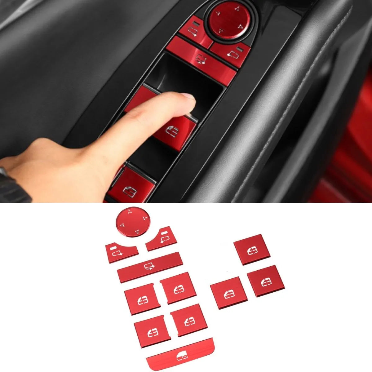 Couvre-boutons lève-vitres aluminium rouge noir kit finition Mazda 3 2019-2026 - Mazdrive