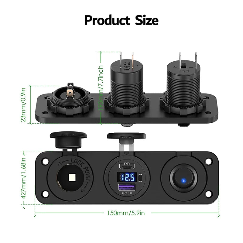 Panneau 3 en 1 Allume-Cigare 12 V, USB-C PD & QC3.0 avec Voltmètre – Mazda