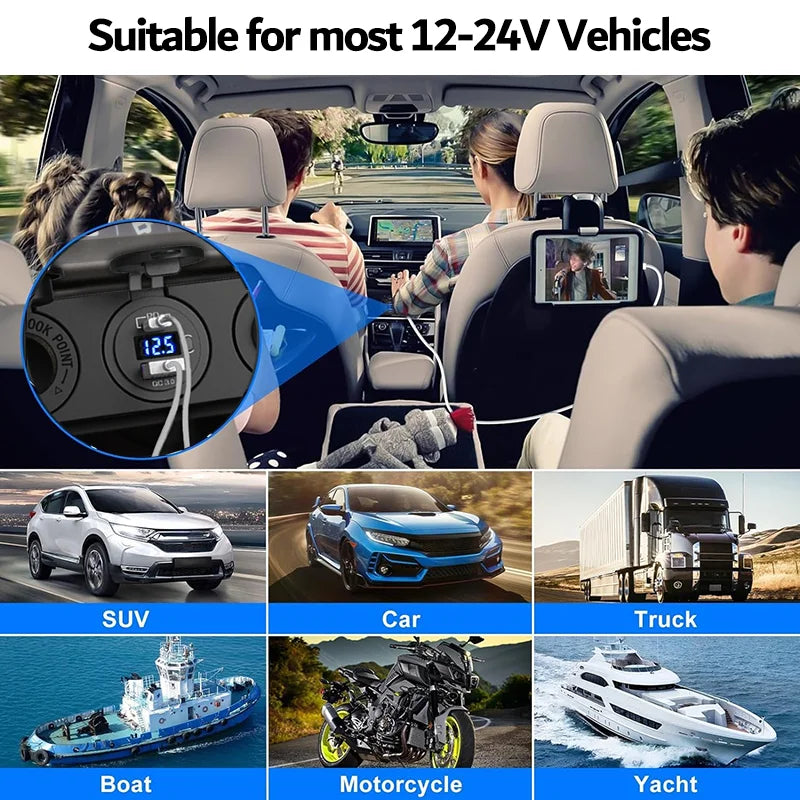Panneau 3 en 1 Allume-Cigare 12 V, USB-C PD & QC3.0 avec Voltmètre – Mazda
