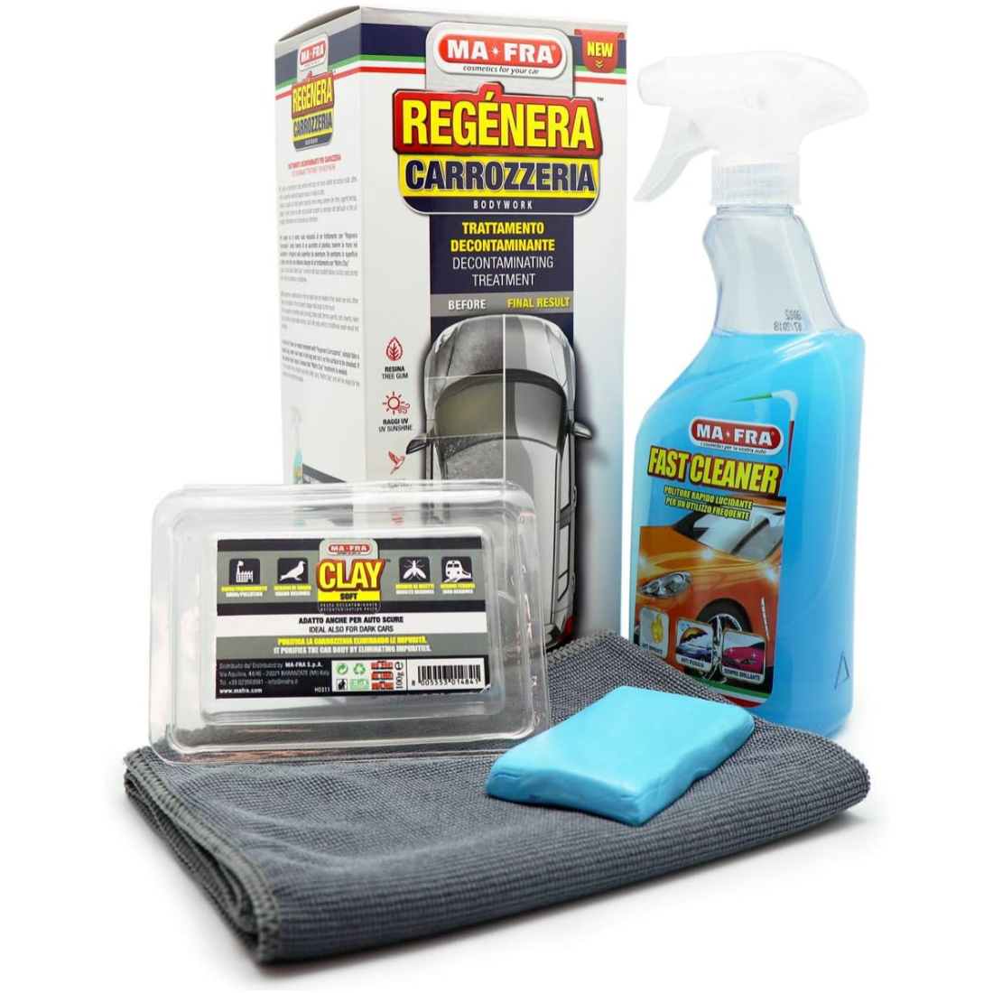 Mafra, Car Refinish Kit – Bodywork and Glass Decontaminant, Removes Ferrous Residue, Insects and Dirt, with Fast Cleaner + Clay Bar Soft