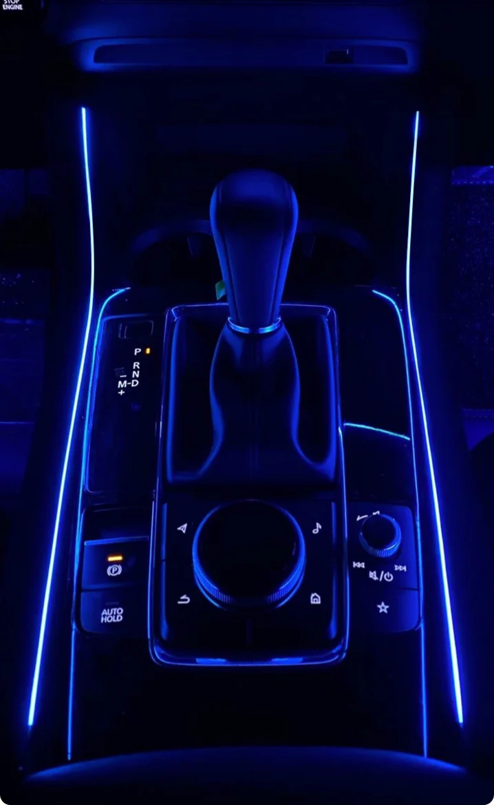 Monochrome or RGB LED ambient lighting with interior doors, dashboard, seats