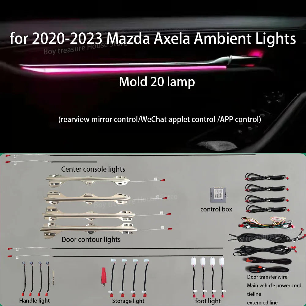 Monochrome or RGB LED ambient lighting with interior doors, dashboard, seats